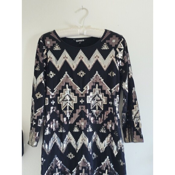 Express Mini Dress Woman's M Black Sequin Aztec Long Sleeve Formal Date Night - Picture 2 of 10